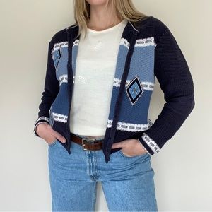Y2K Christopher & Banks blue striped embroidered cardigan